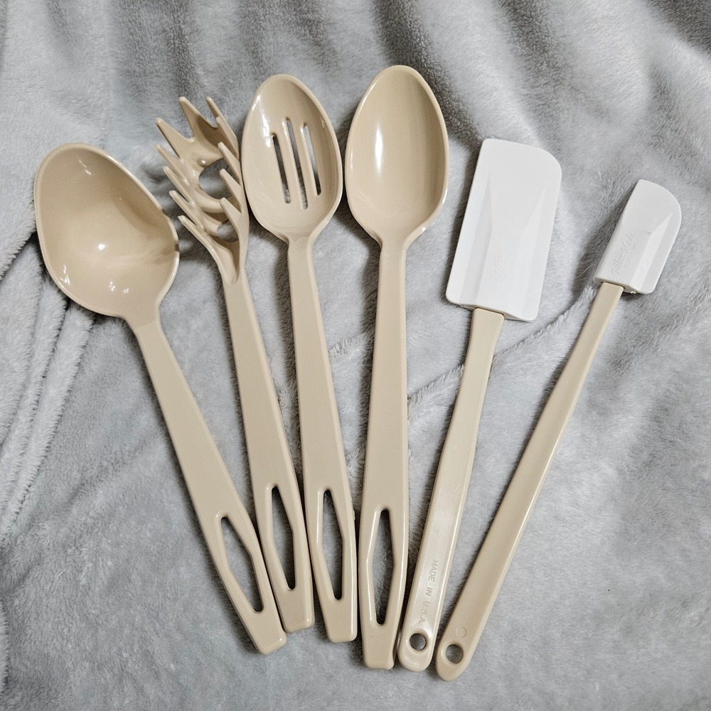Vintage Tailor Made 6pc Kitchen Utensil Set Almond Beige Spoons Spatulas USA